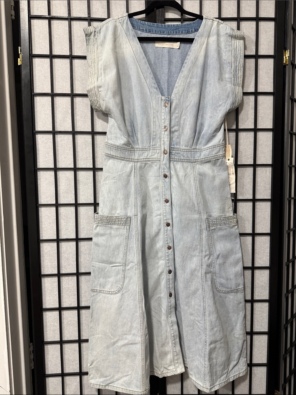 Happy Nature by Kate Hudson Denim Midi Dress 12 Light Wash Button Front Pockets - Picture 3 of 12